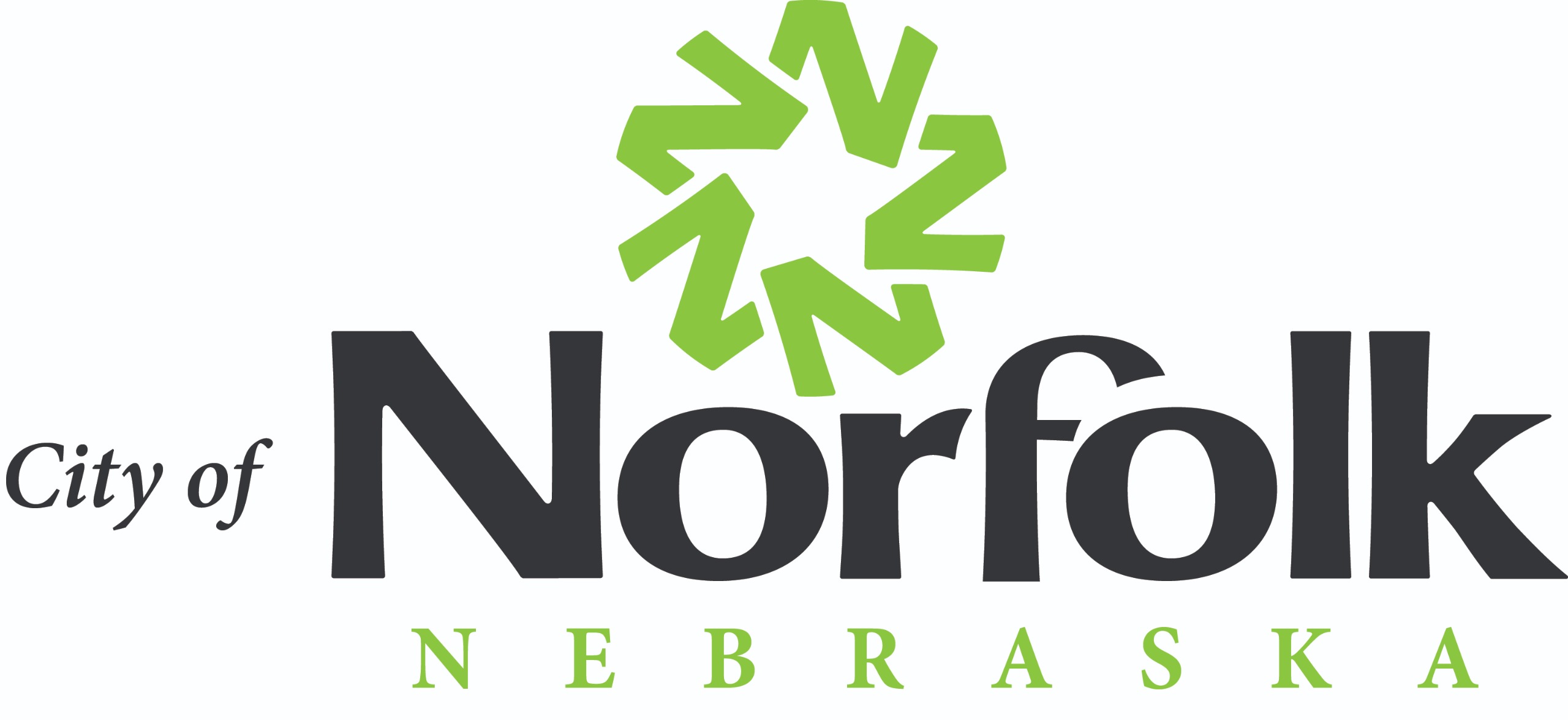 A logo saying City of Norfolk Nebraska in black and green lettering with a green star shapre above. 