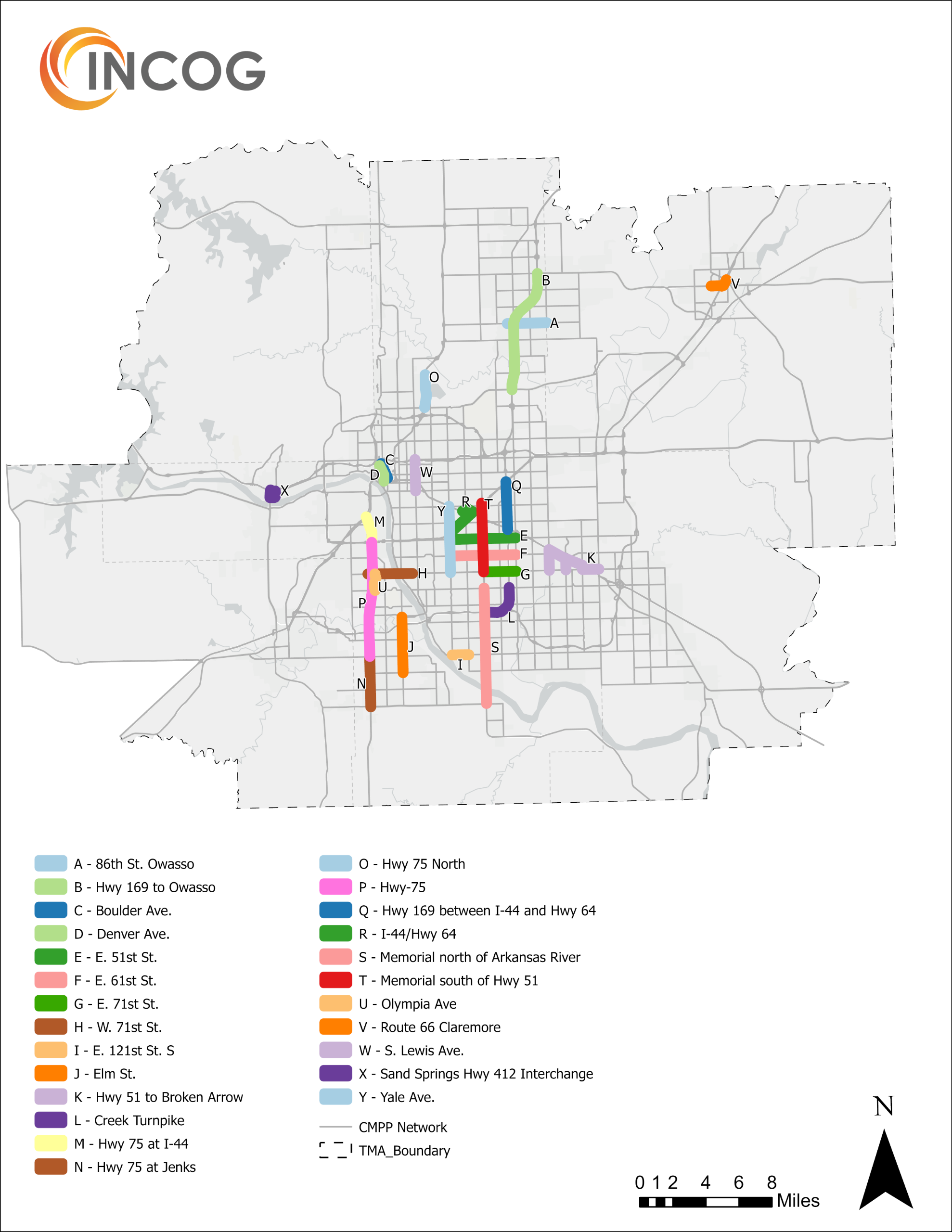 Map of greater Tulsa showing 25 identified corridors for congestion management in different colors. 
